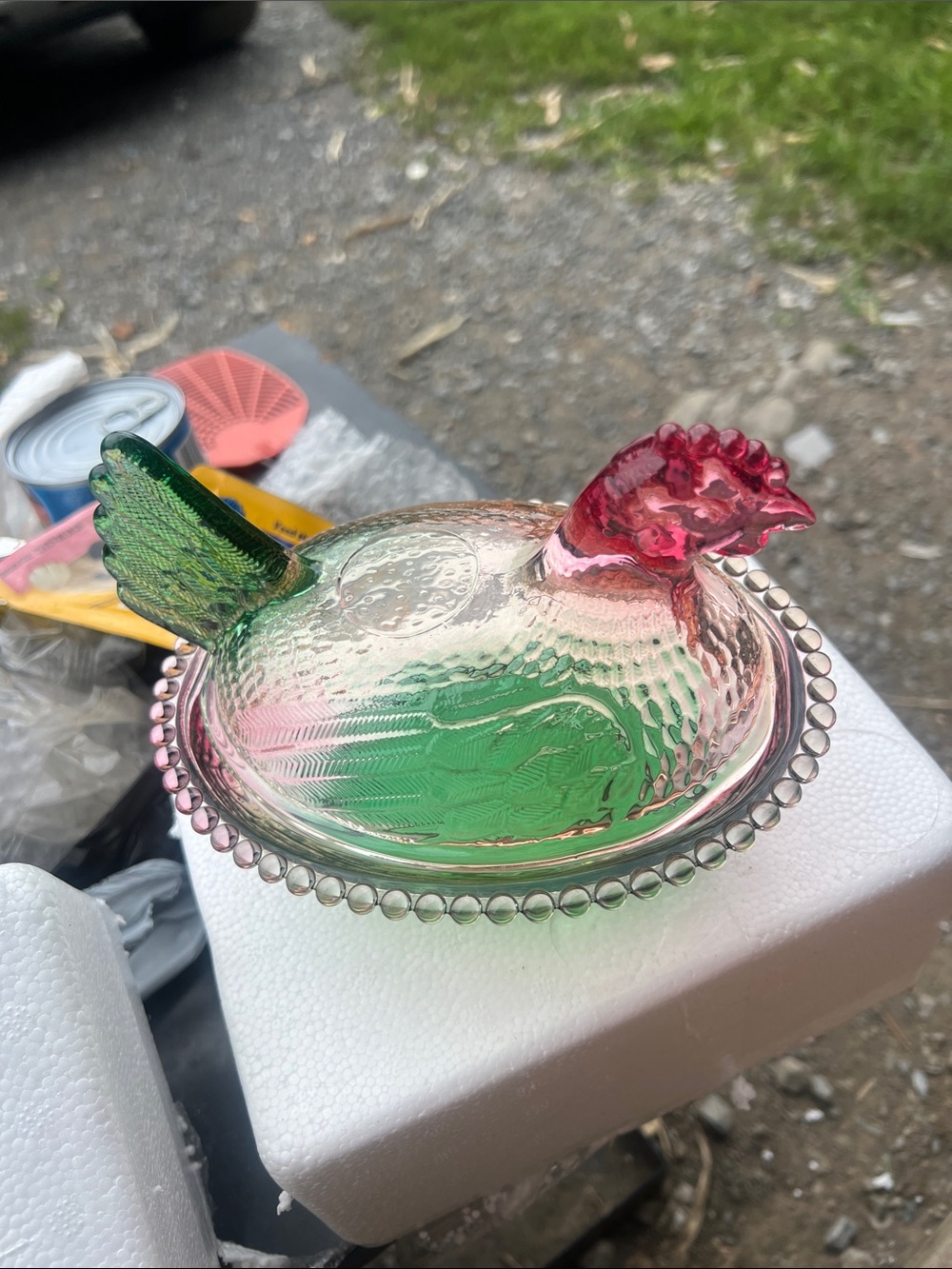 Source Unknown Pink and Green Glass Hen Covered Dish